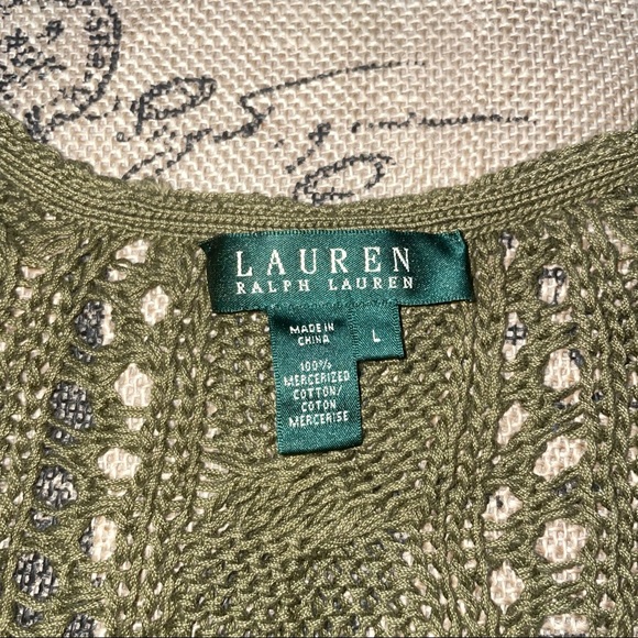 Lauren Ralph Lauren Olive Green Mercerized Cotton Crochet Eyelet V Neck Sweater - Picture 9 of 13
